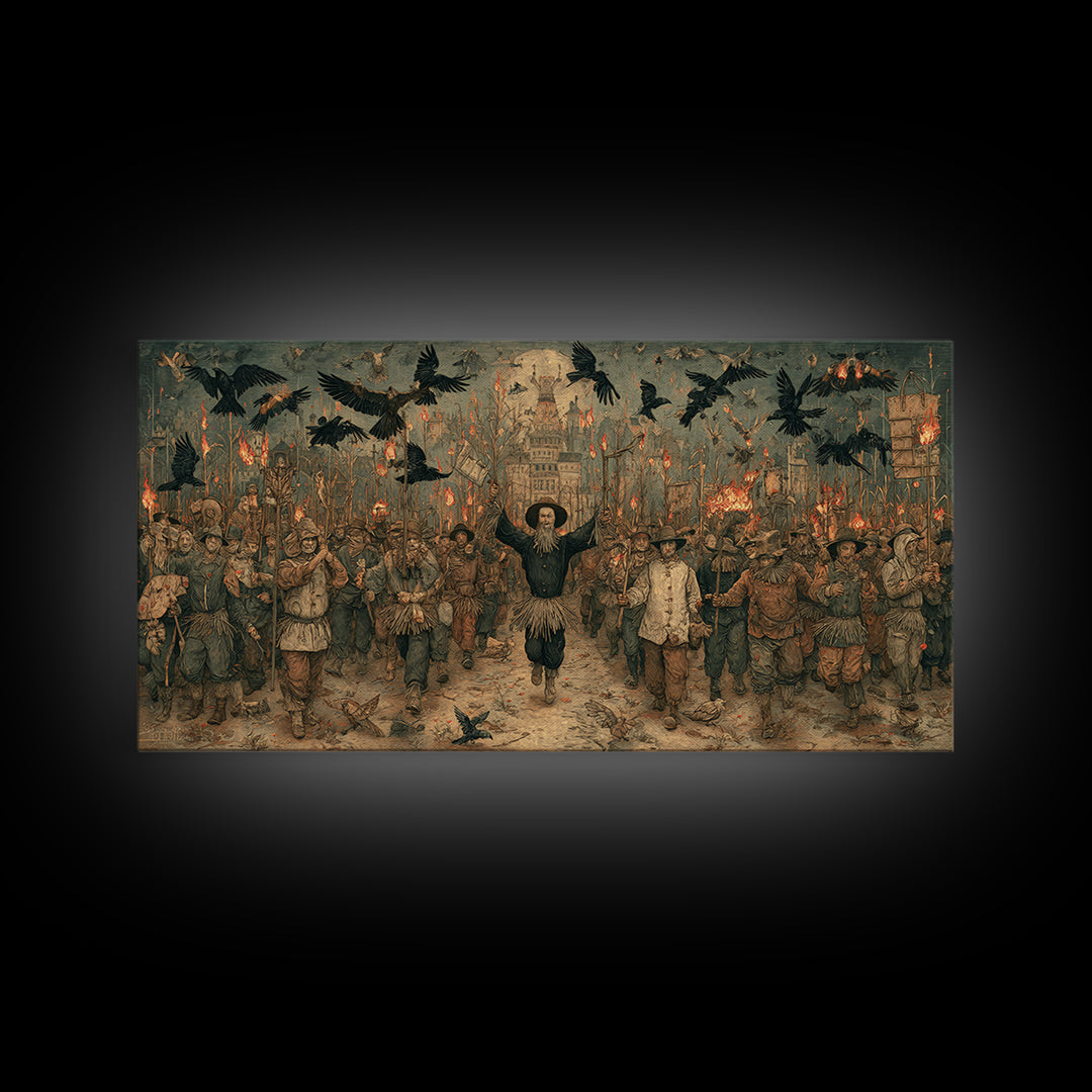 The Scarecrow Uprising, Northern Renaissance Horror, Wide Panoramic Art, Macabre Wall Art, Framed Canvas Print, Halloween Wall Art