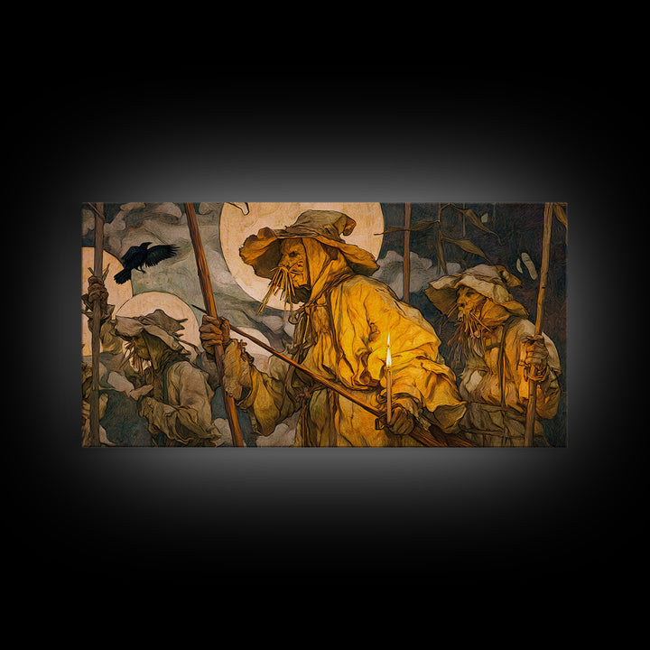 The Scarecrow Uprising, Dark Renaissance Art, Wide Panoramic Art, Dark Halloween Decor, Framed Canvas Print, Halloween Wall Art