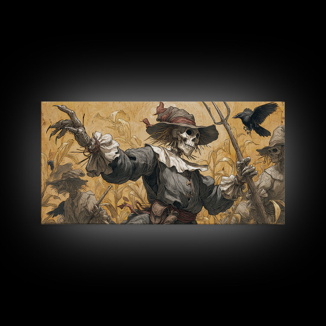 The Scarecrow Uprising, Danse Macabre Art, Wide Panoramic Art, Macabre Wall Art, Framed Canvas Print, Halloween Wall Art