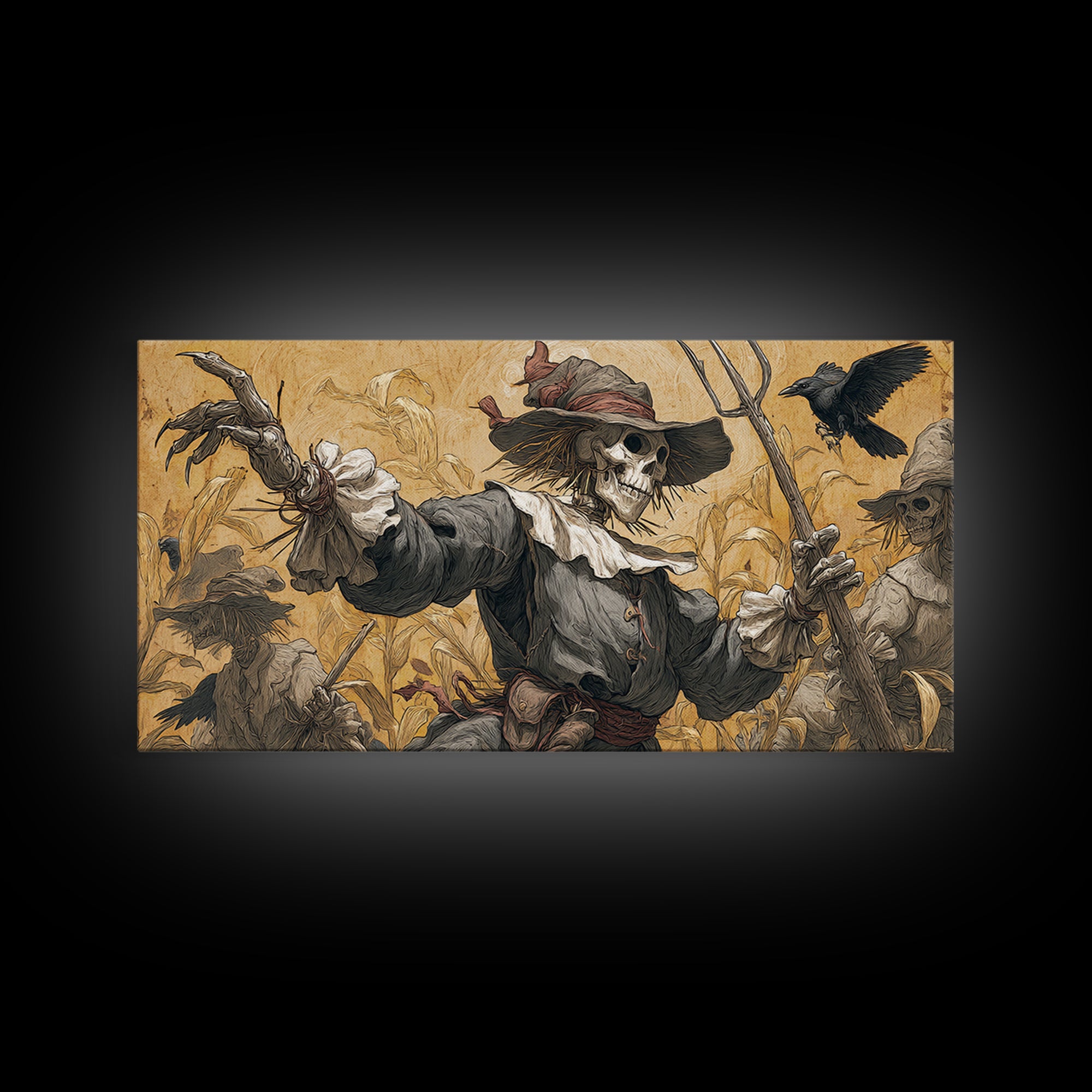 The Scarecrow Uprising, Danse Macabre Art, Wide Panoramic Art, Macabre Wall Art, Framed Canvas Print, Halloween Wall Art