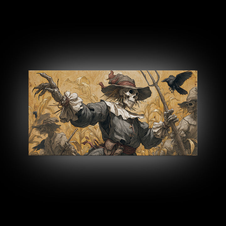 The Scarecrow Uprising, Danse Macabre Art, Wide Panoramic Art, Macabre Wall Art, Framed Canvas Print, Halloween Wall Art