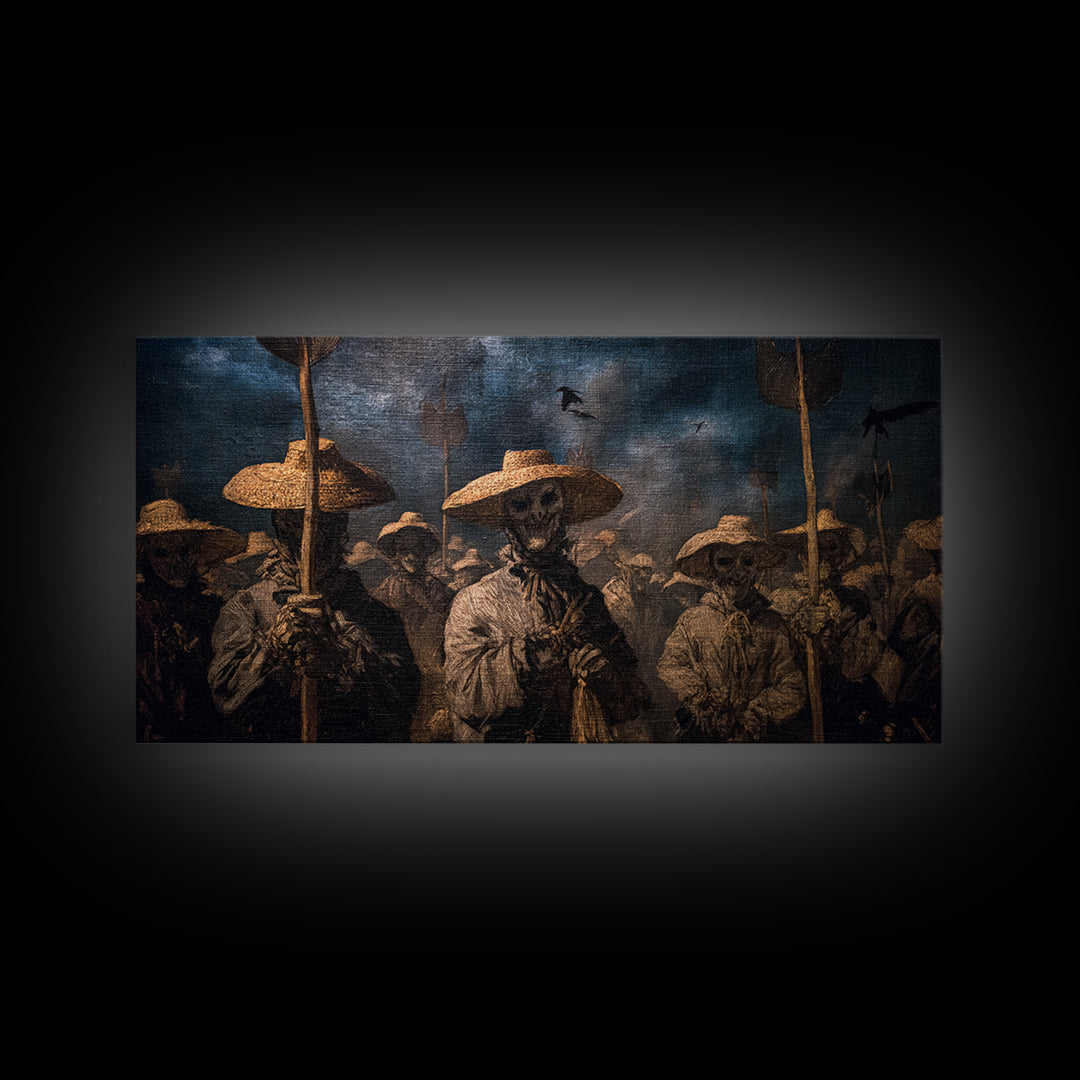 The Scarecrow Uprising, Dark Romantic Horror Art, Wide Panoramic Art, Macabre Wall Art, Framed Canvas Print, Halloween Wall Art
