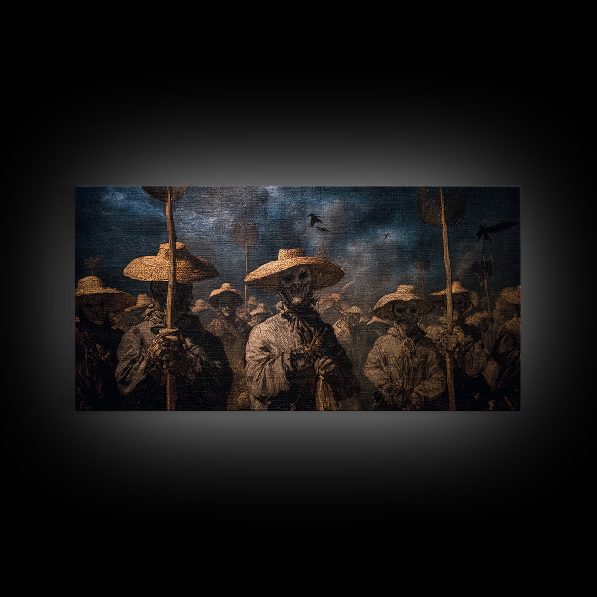 The Scarecrow Uprising, Dark Romantic Horror Art, Wide Panoramic Art, Macabre Wall Art, Framed Canvas Print, Halloween Wall Art