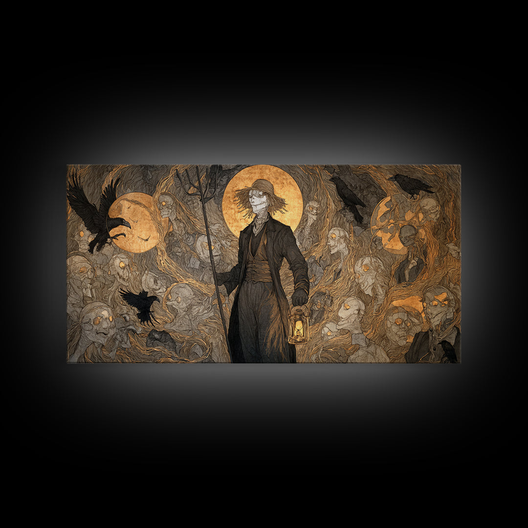 The Scarecrow Uprising, Gothic Nightmare Art, Wide Panoramic Art, Dark Halloween Decor, Framed Canvas Print, Halloween Wall Art