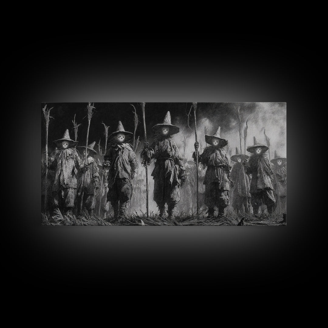 The Scarecrow Uprising, Symbolist Dream Art, Wide Panoramic Art, Dark Fantasy Wall Art, Framed Canvas Print, Halloween Wall Art