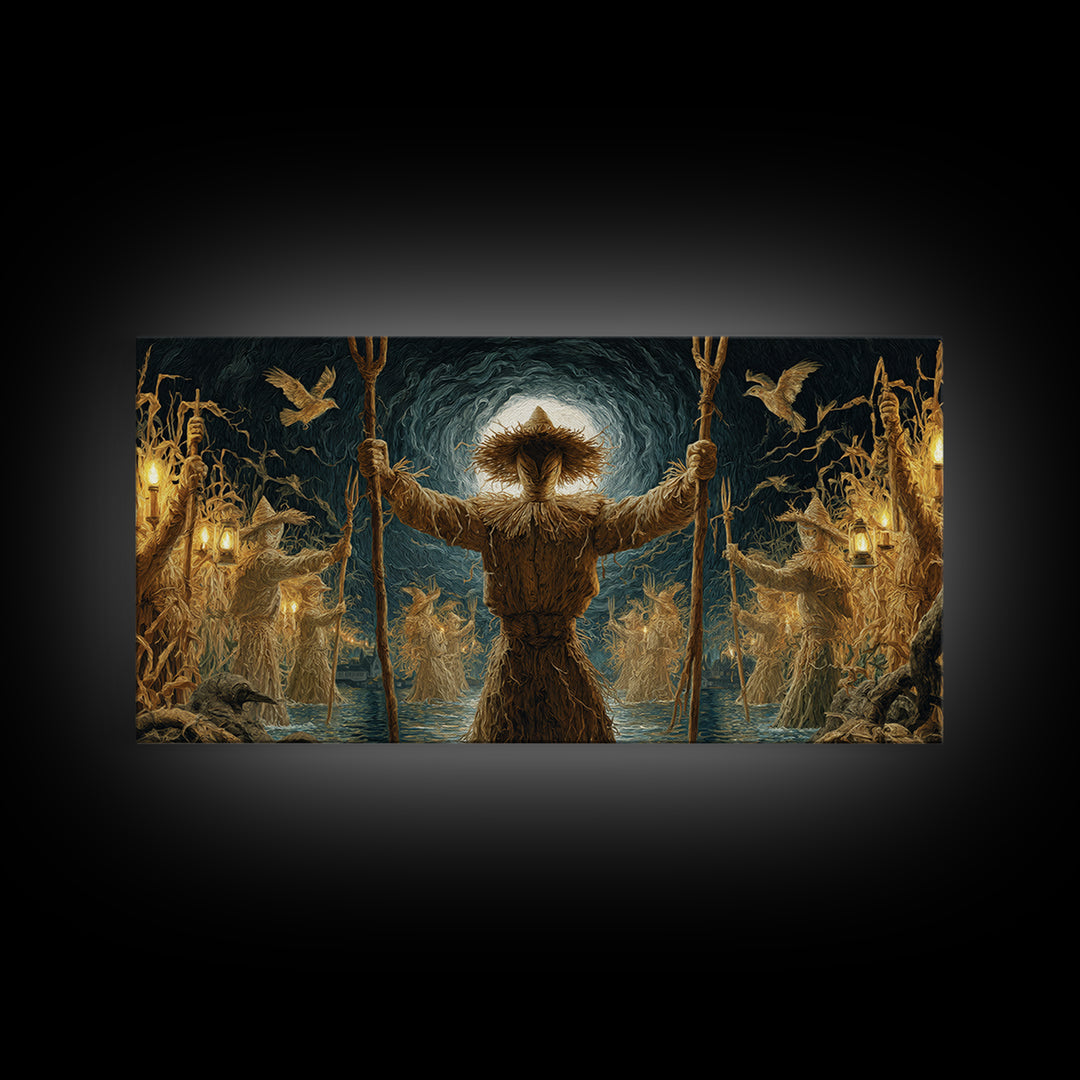 The Scarecrow Uprising, Symbolist Gothic Landscape, Wide Panoramic Art, Macabre Wall Art, Framed Canvas Print, Halloween Wall Art