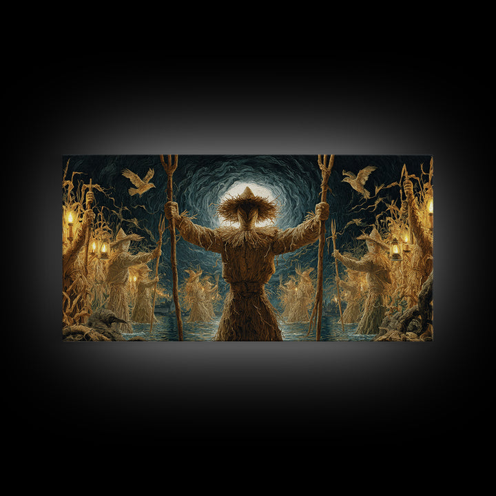 The Scarecrow Uprising, Symbolist Gothic Landscape, Wide Panoramic Art, Macabre Wall Art, Framed Canvas Print, Halloween Wall Art