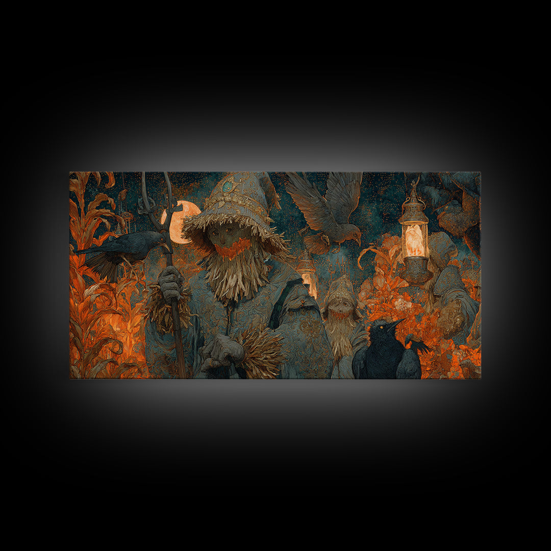 The Scarecrow Uprising, Ornate Symbolist Art, Wide Panoramic Art, Gothic Horror Wall Art, Framed Canvas Print, Halloween Wall Art
