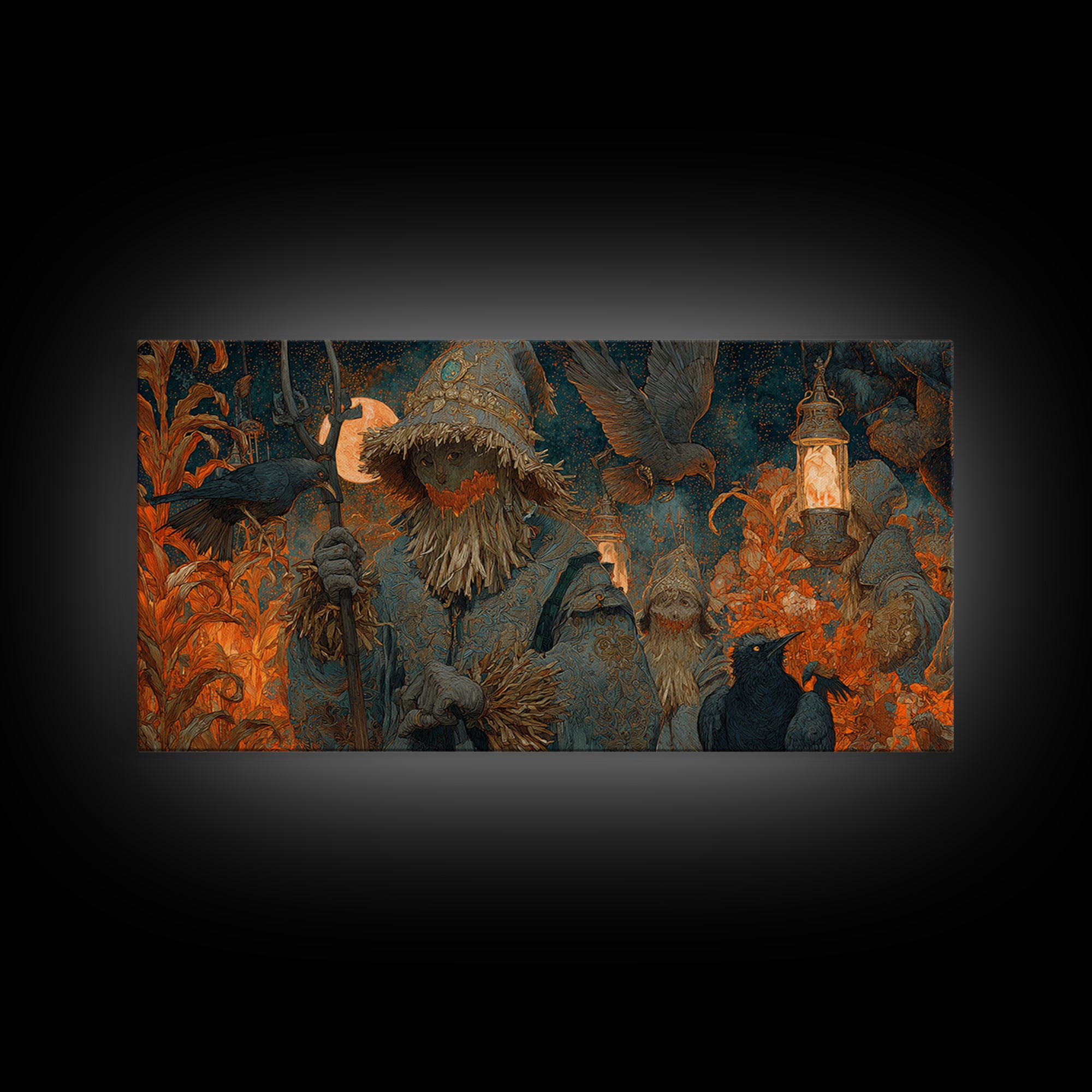 The Scarecrow Uprising, Ornate Symbolist Art, Wide Panoramic Art, Gothic Horror Wall Art, Framed Canvas Print, Halloween Wall Art