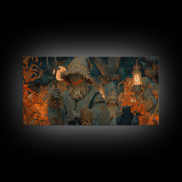 The Scarecrow Uprising, Ornate Symbolist Art, Wide Panoramic Art, Gothic Horror Wall Art, Framed Canvas Print, Halloween Wall Art