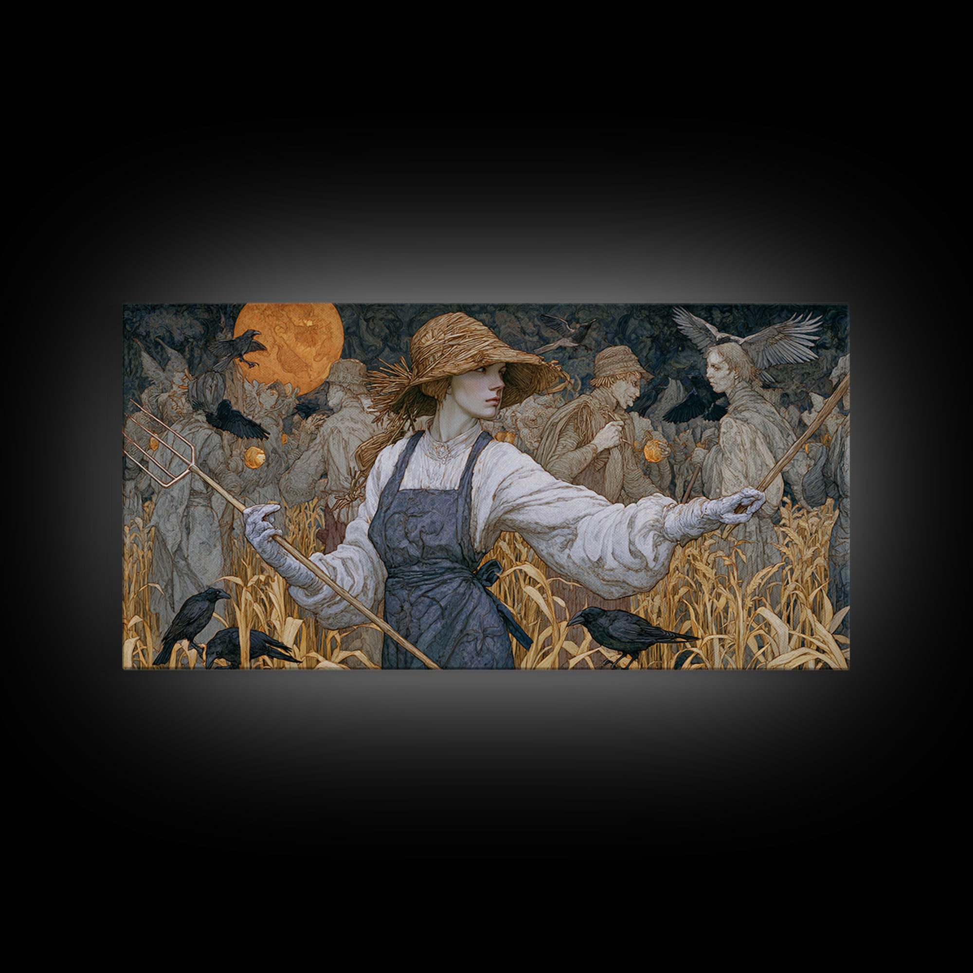 The Scarecrow Uprising, Symbolist Death Art, Wide Panoramic Art, Macabre Wall Art, Framed Canvas Print, Halloween Wall Art