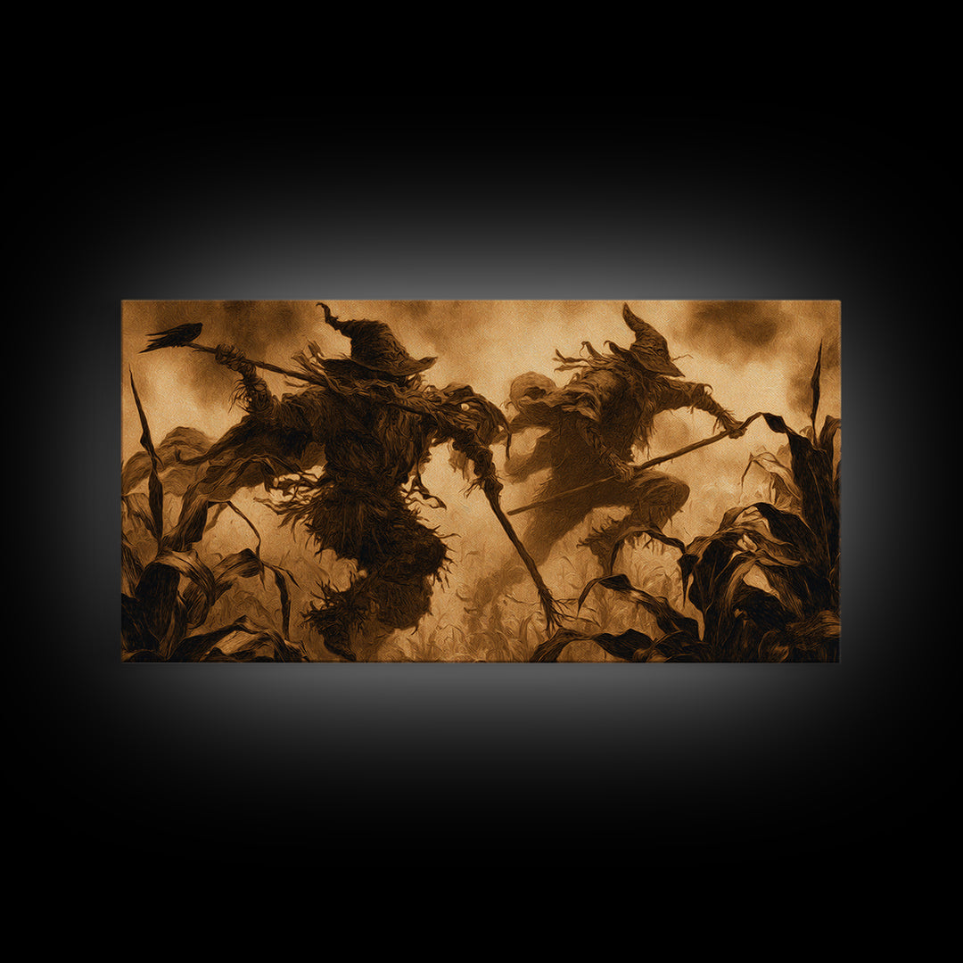 The Scarecrow Uprising, Dark Symbolist Art, Wide Panoramic Art, Macabre Wall Art, Framed Canvas Print, Halloween Wall Art