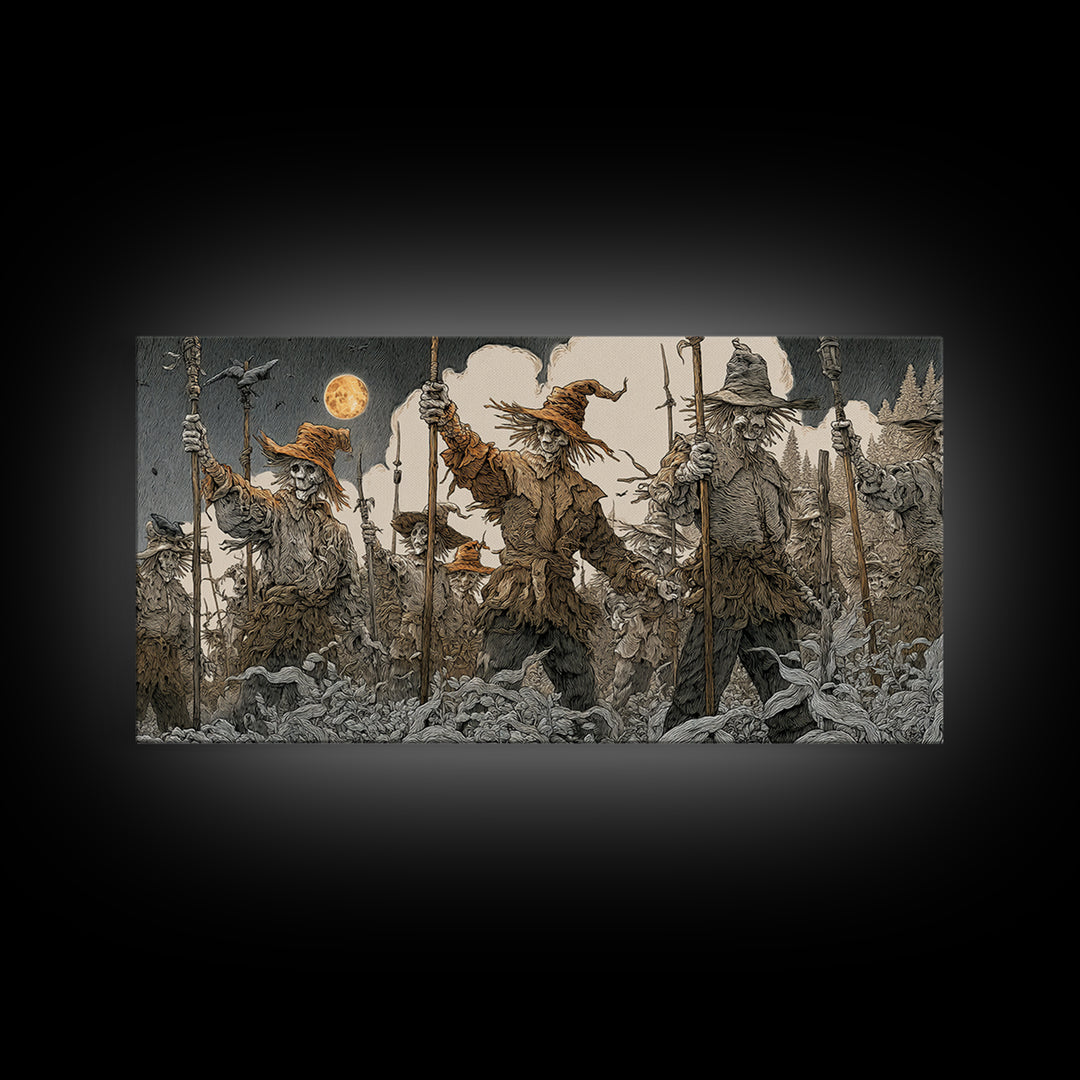 The Scarecrow Uprising, Symbolist Etching Art, Wide Panoramic Art, Macabre Wall Art, Canvas Print, Halloween Wall Art, Statement Wall Art