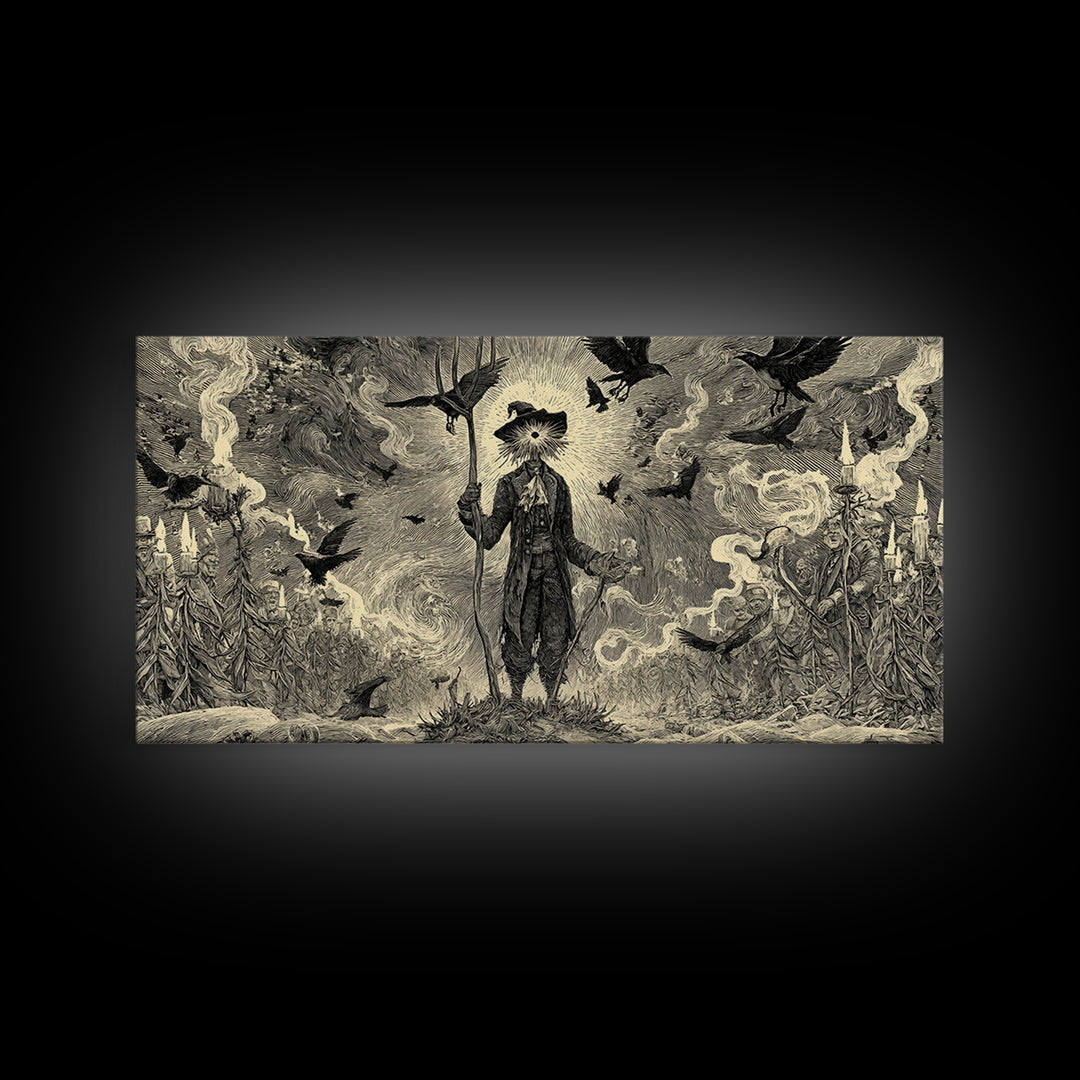 The Scarecrow Uprising, Expressionist Nightmare Art, Wide Panoramic Art, Dark Halloween Decor, Canvas Print, Halloween Wall Art