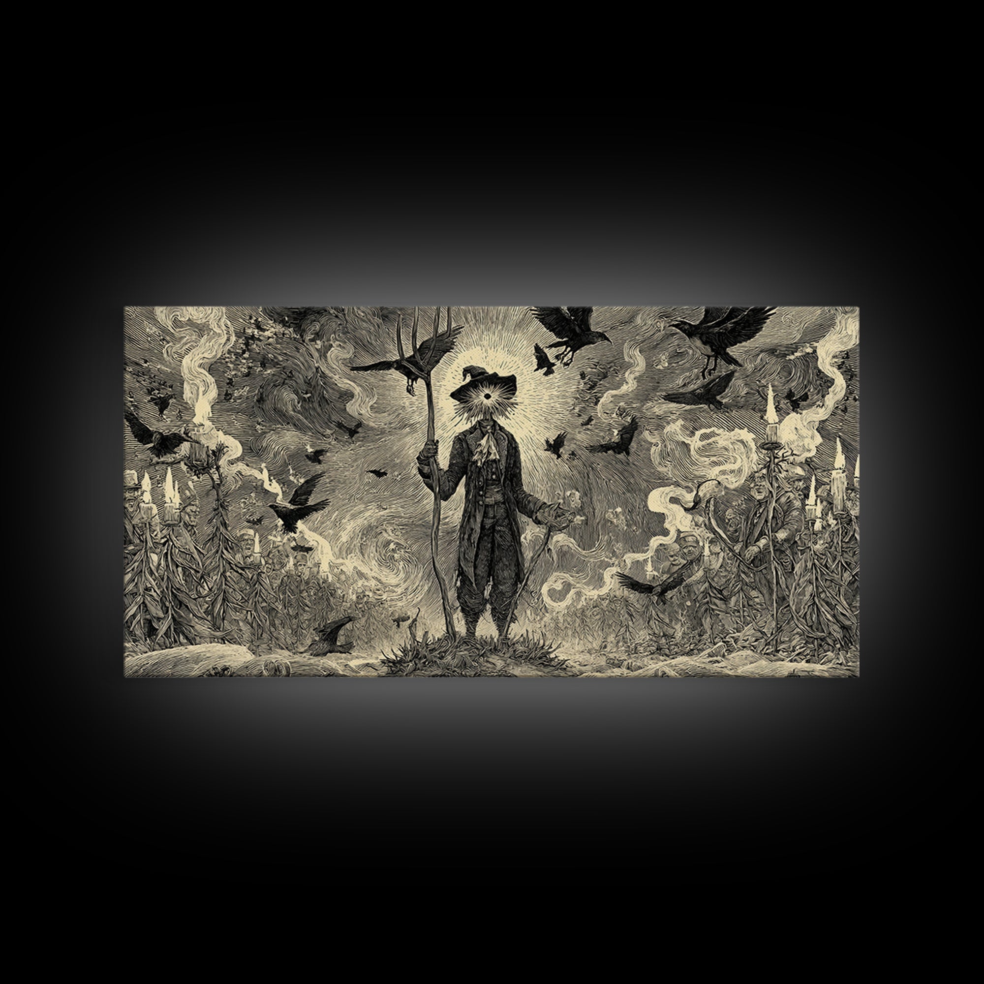 The Scarecrow Uprising, Expressionist Nightmare Art, Wide Panoramic Art, Dark Halloween Decor, Canvas Print, Halloween Wall Art