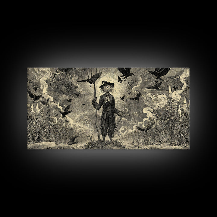 The Scarecrow Uprising, Expressionist Nightmare Art, Wide Panoramic Art, Dark Halloween Decor, Canvas Print, Halloween Wall Art