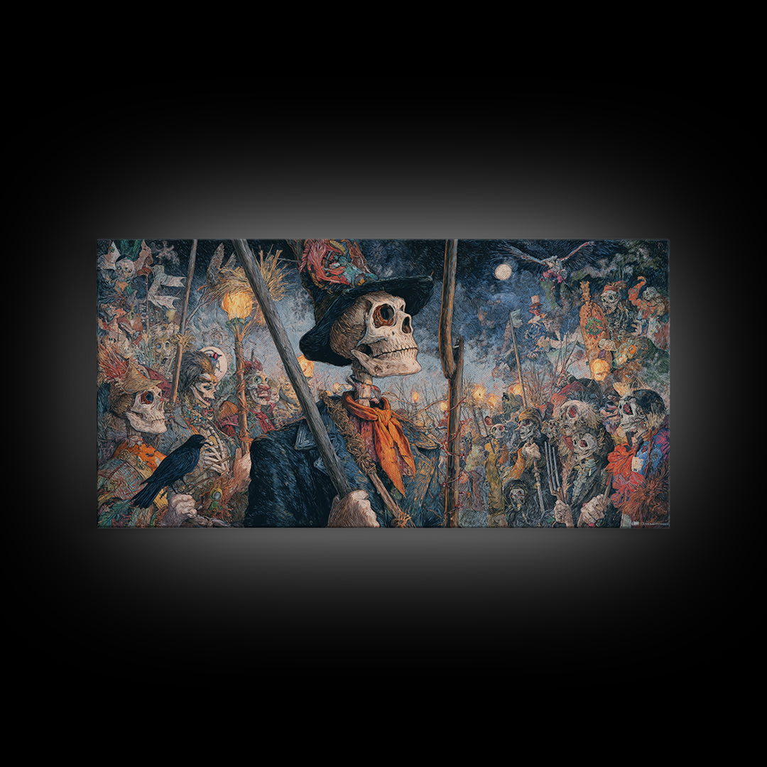 The Scarecrow Uprising, Grotesque Carnival Art, Wide Panoramic Art, Dark Halloween Decor, Framed Canvas Print, Halloween Wall Art