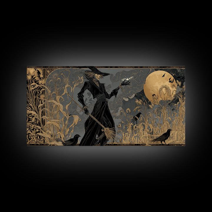 The Scarecrow Uprising, Decadent Line Art, Wide Panoramic Art, Dark Halloween Decor, Framed Canvas Print, Halloween Wall Art