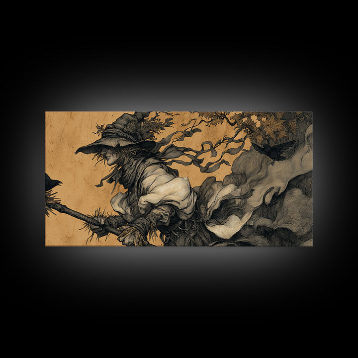 The Scarecrow Uprising, Gothic Storybook Art, Wide Panoramic Art, Dark Halloween Decor, Framed Canvas Print, Halloween Wall Art