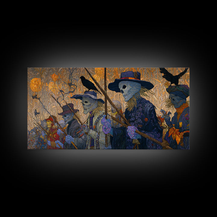 The Scarecrow Uprising, Stained Glass Gothic Art, Wide Panoramic Art, Dark Halloween Decor, Canvas Print, Halloween Wall Art