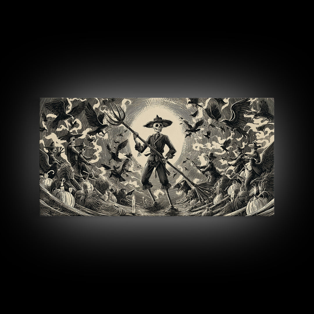The Scarecrow Uprising, Macabre Folk Print Art, Wide Panoramic Art, Dark Fantasy Wall Art, Canvas Print, Halloween Wall Art