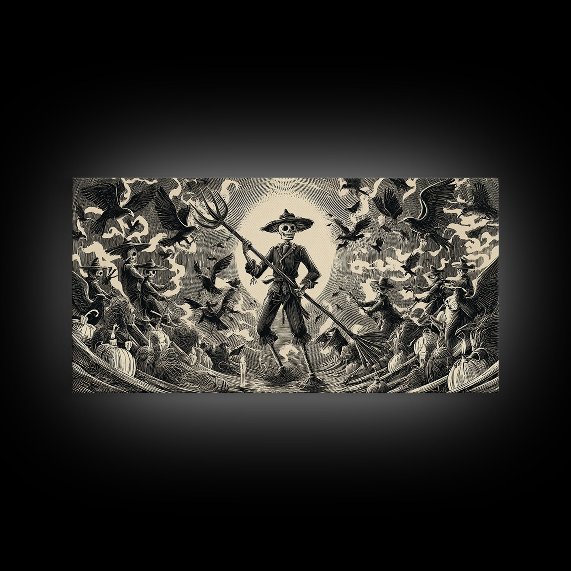 The Scarecrow Uprising, Macabre Folk Print Art, Wide Panoramic Art, Dark Fantasy Wall Art, Canvas Print, Halloween Wall Art