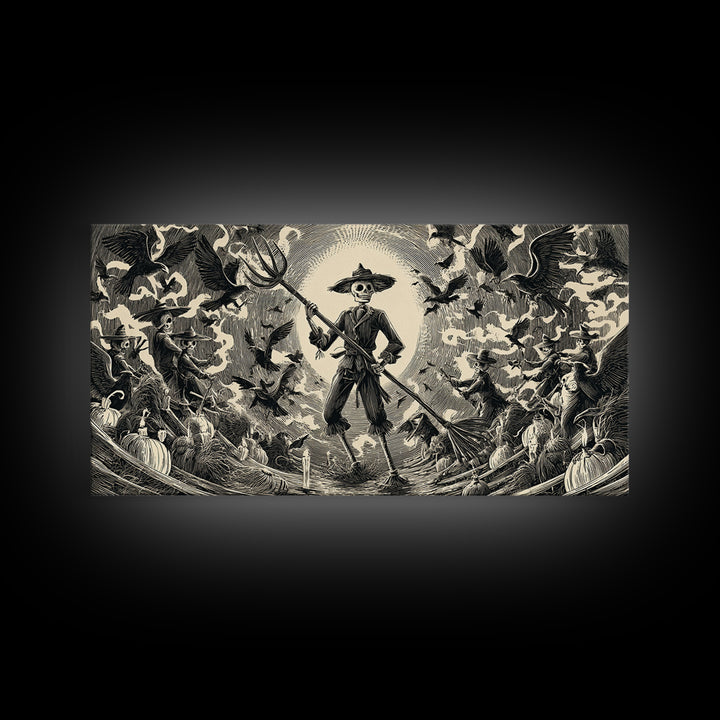 The Scarecrow Uprising, Macabre Folk Print Art, Wide Panoramic Art, Dark Fantasy Wall Art, Canvas Print, Halloween Wall Art