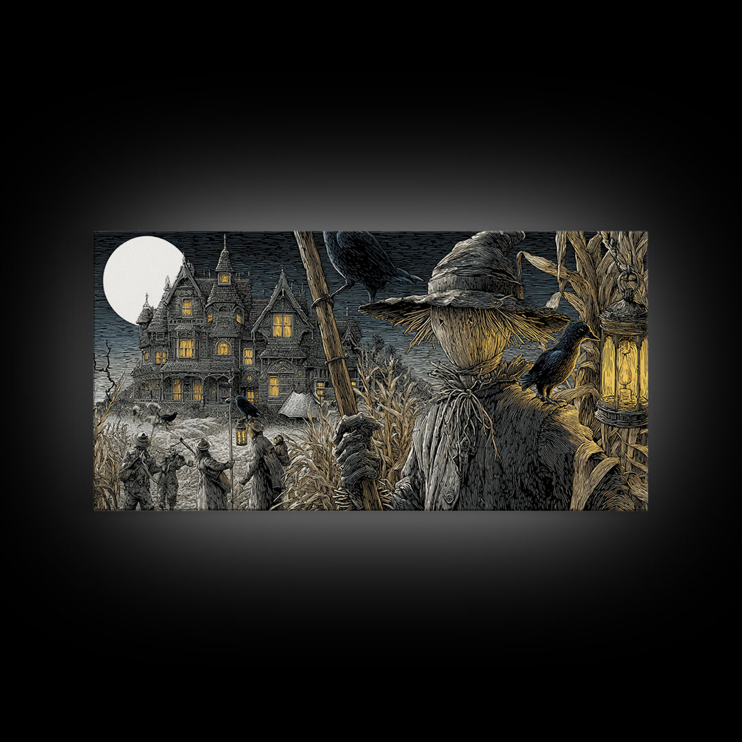The Scarecrow Uprising, Victorian Macabre Art, Wide Panoramic Art, Macabre Wall Art, Framed Canvas Print, Halloween Wall Art