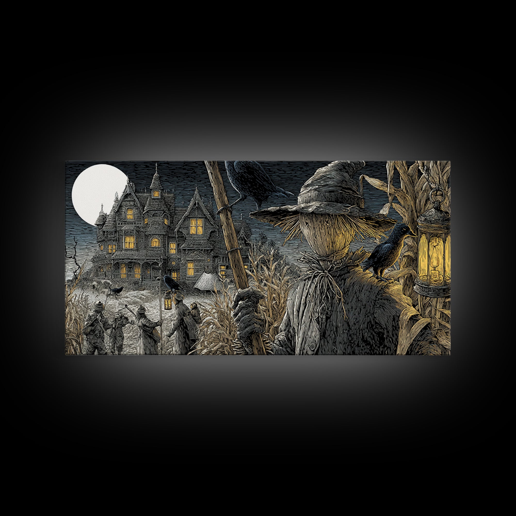 The Scarecrow Uprising, Victorian Macabre Art, Wide Panoramic Art, Macabre Wall Art, Framed Canvas Print, Halloween Wall Art