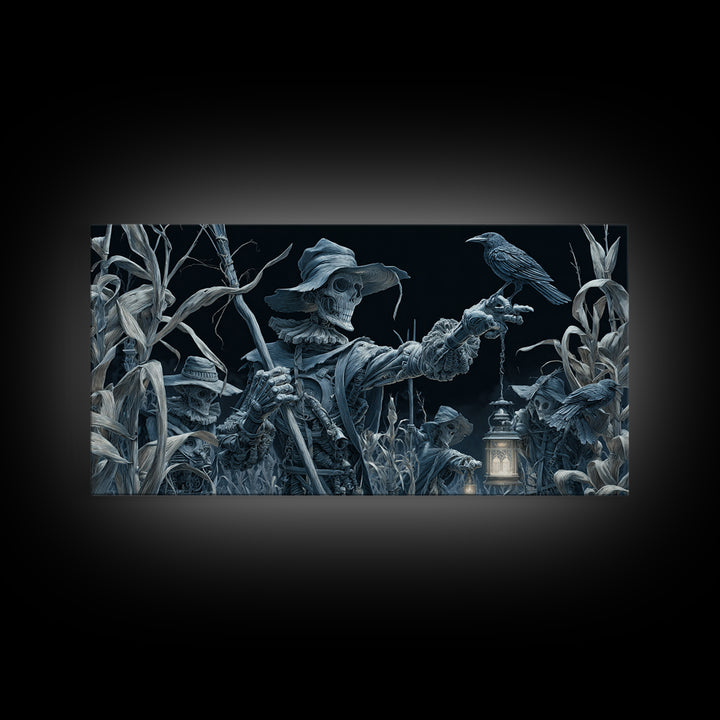 The Scarecrow Uprising, Biomechanical Horror Art, Wide Panoramic Art, Macabre Wall Art, Framed Canvas Print, Halloween Wall Art