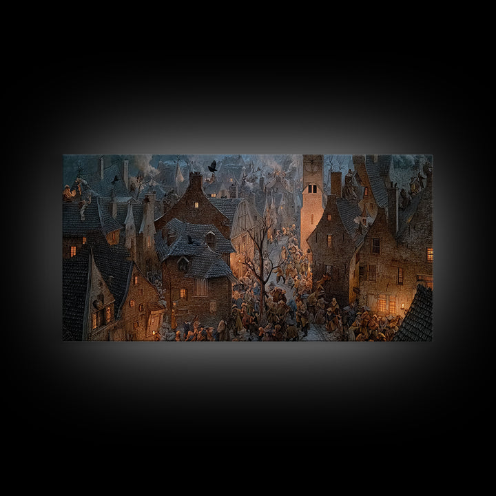 The Thirteenth Bell, Northern Renaissance Horror, Wide Panoramic Art, Dark Halloween Decor, Framed Canvas Print