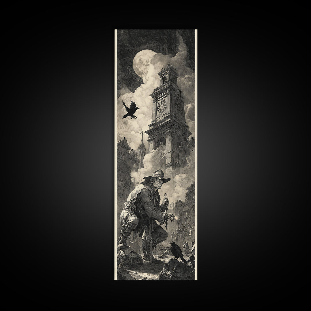 The Thirteenth Bell, Architectural Etching Art, Tall Narrow Wall Art, Gothic Horror Wall Art, Framed Canvas Print
