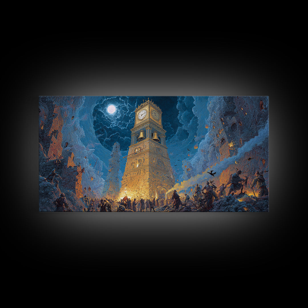 The Thirteenth Bell, Apocalyptic Romantic Art, Wide Panoramic Art, Gothic Horror Wall Art, Framed Canvas Print, Halloween Wall Art