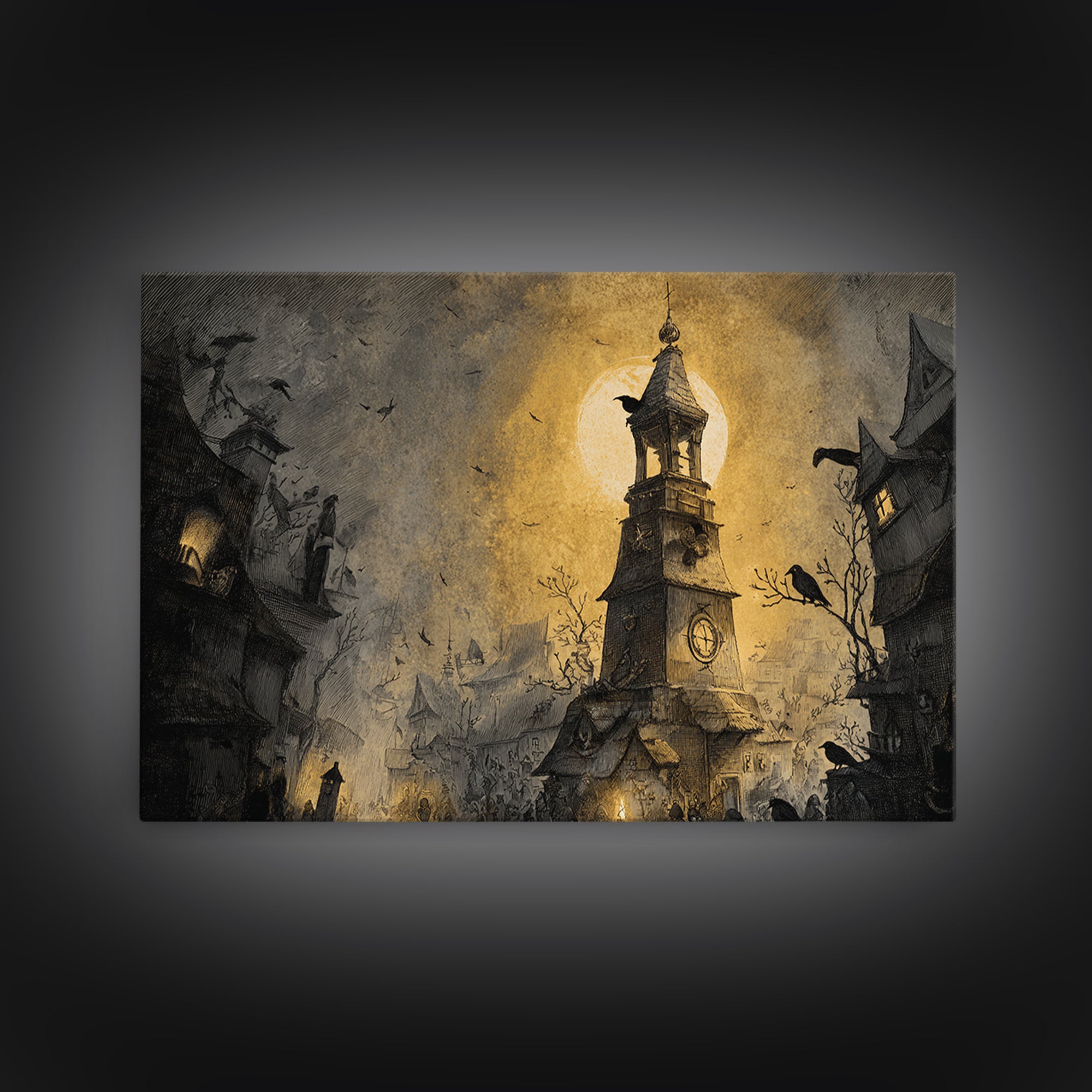The Thirteenth Bell, Expressionist Nightmare Art, Landscape Wall Art, Dark Halloween Decor, Canvas Print, Halloween Wall Art