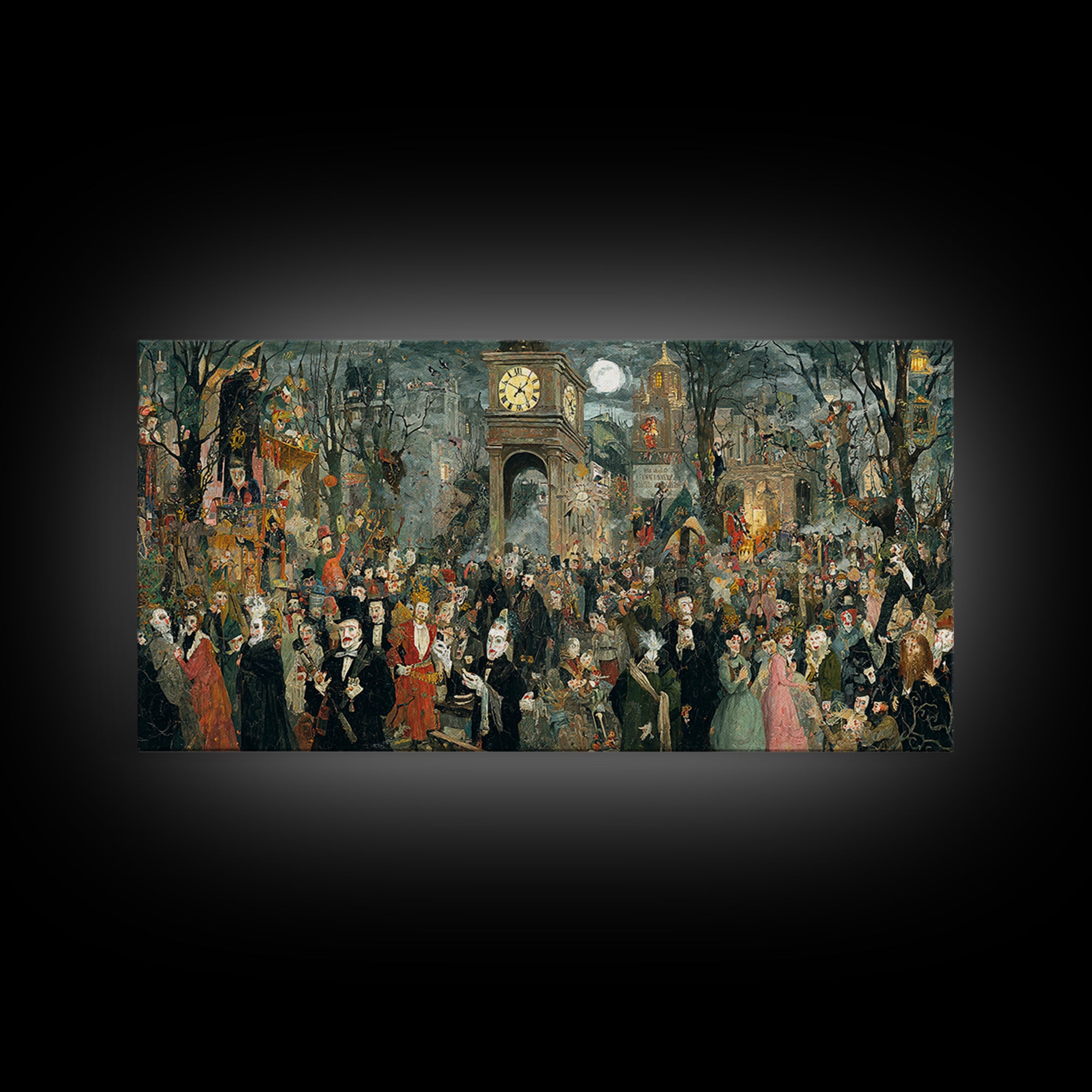 The Thirteenth Bell, Grotesque Carnival Art, Wide Panoramic Art, Dark Fantasy Wall Art, Framed Canvas Print, Halloween Wall Art