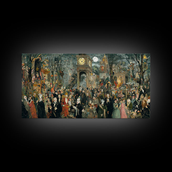 The Thirteenth Bell, Grotesque Carnival Art, Wide Panoramic Art, Dark Fantasy Wall Art, Framed Canvas Print, Halloween Wall Art