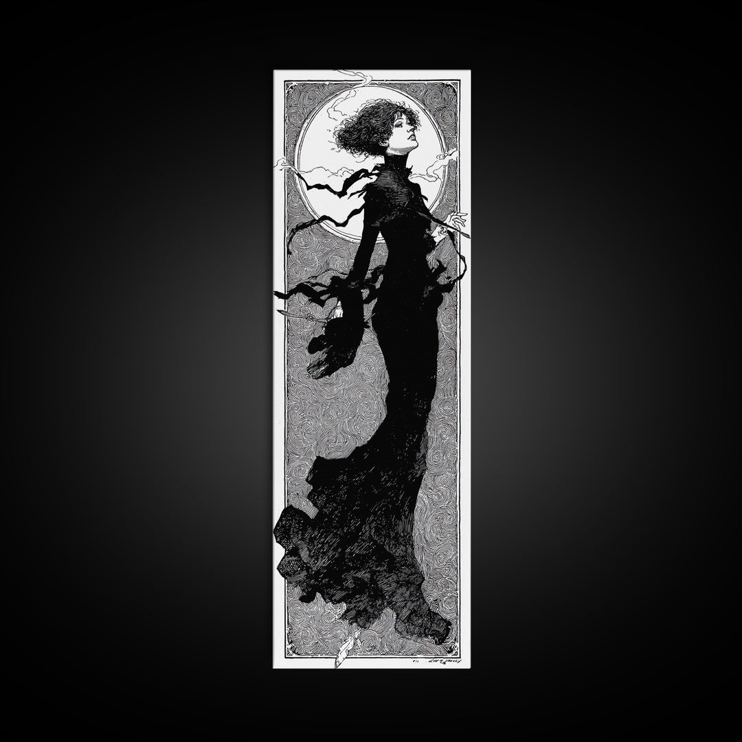 The Thirteenth Bell, Decadent Line Art, Tall Narrow Wall Art, Dark Fantasy Wall Art, Framed Canvas Print, Halloween Wall Art