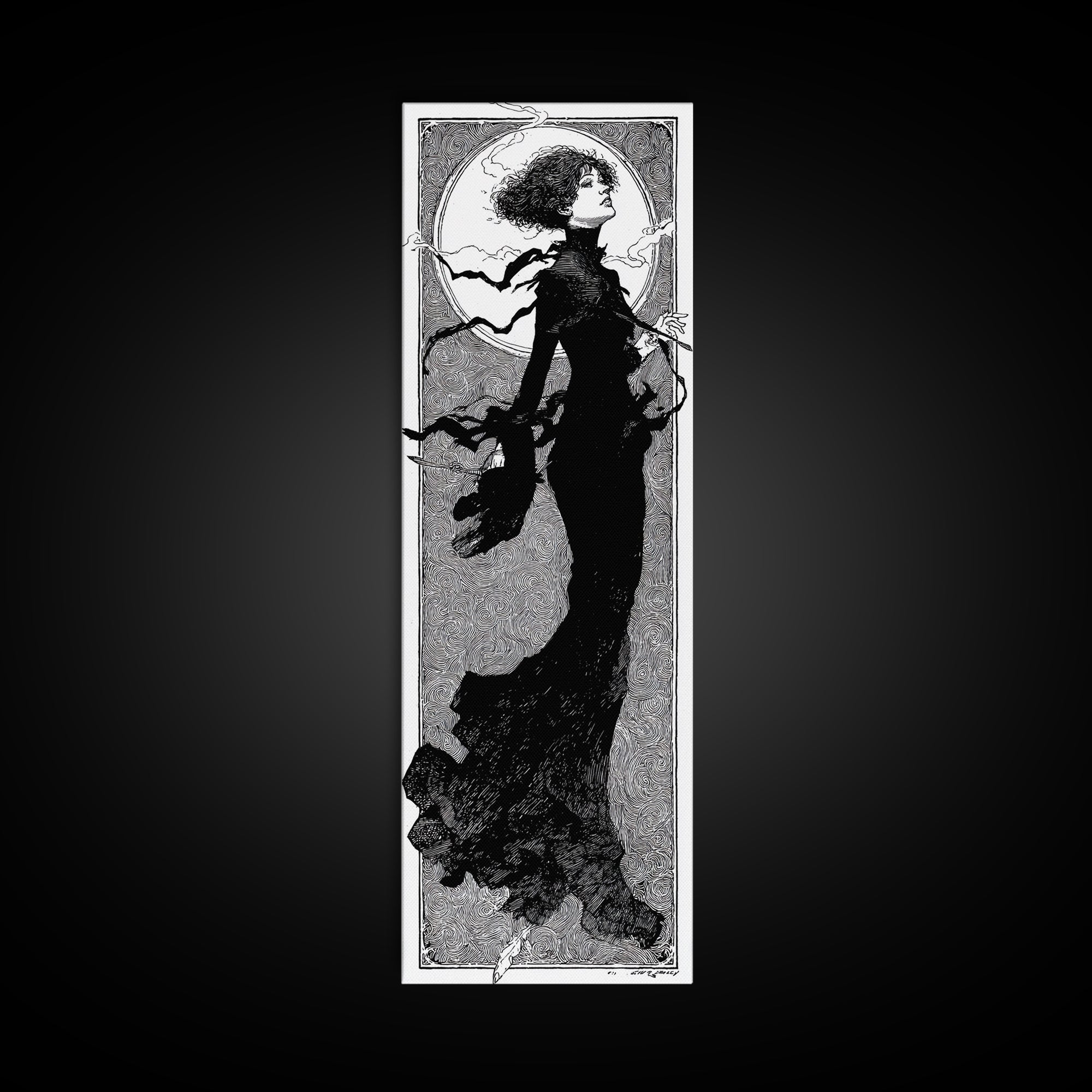 The Thirteenth Bell, Decadent Line Art, Tall Narrow Wall Art, Dark Fantasy Wall Art, Framed Canvas Print, Halloween Wall Art
