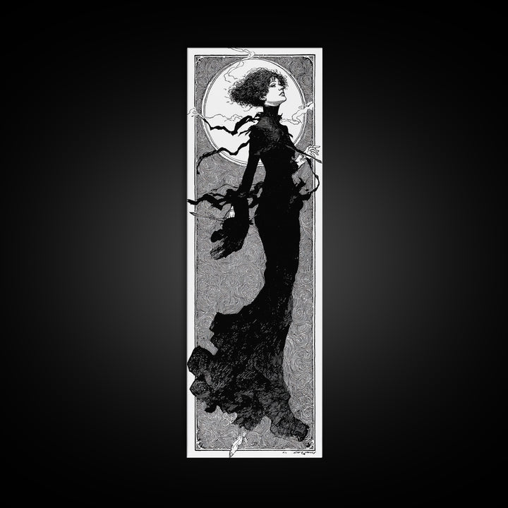 The Thirteenth Bell, Decadent Line Art, Tall Narrow Wall Art, Dark Fantasy Wall Art, Framed Canvas Print, Halloween Wall Art