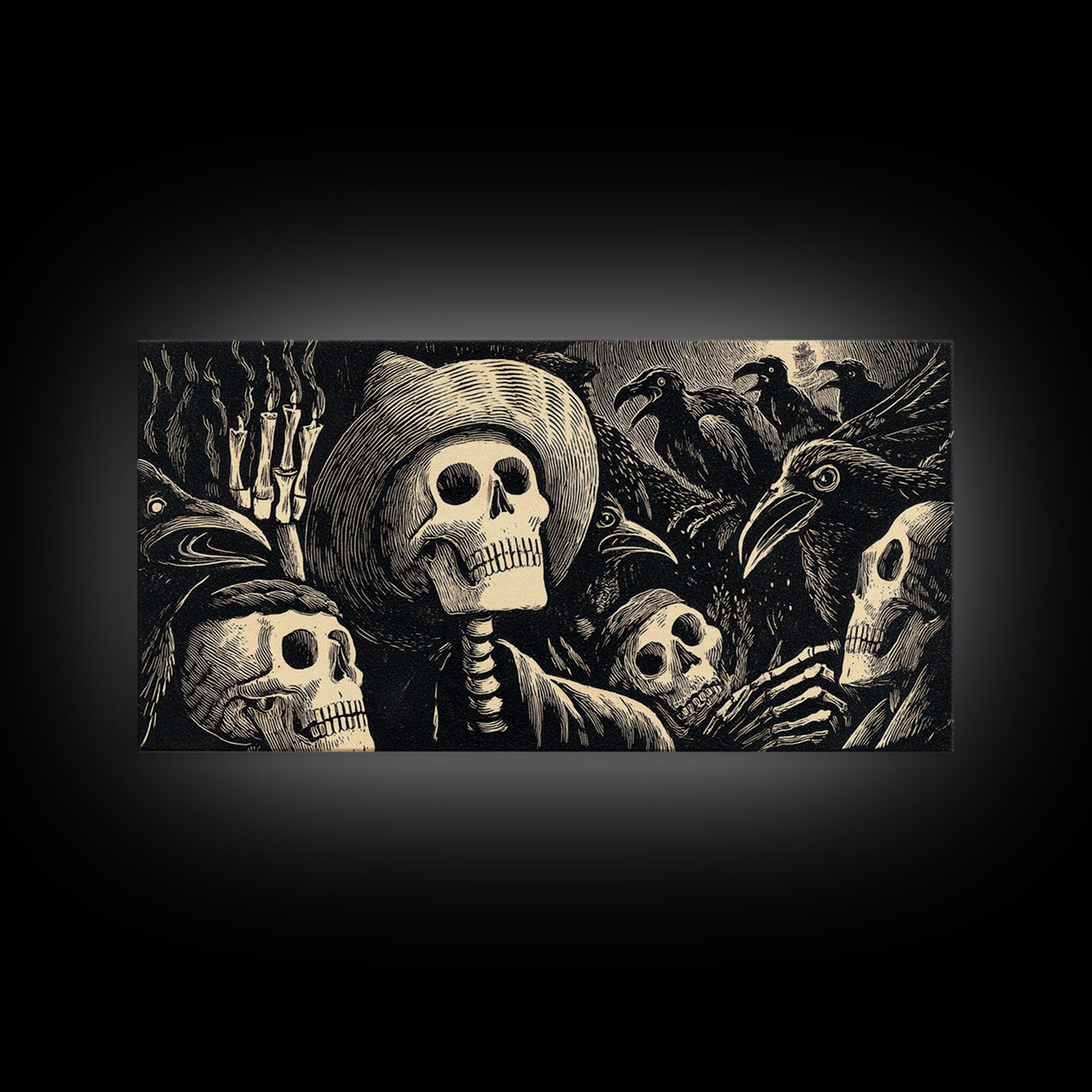 The Thirteenth Bell, Macabre Folk Print Art, Wide Panoramic Art, Macabre Wall Art, Canvas Print, Halloween Wall Art