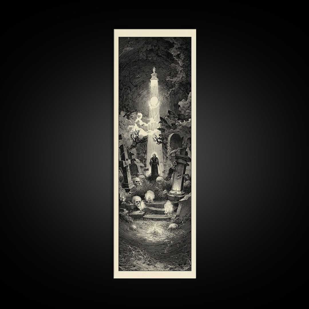 The Cemetery Lantern Festival, Gothic Engraving Art, Tall Narrow Wall Art, Gothic Horror Wall Art, Canvas Print, Halloween Wall Art