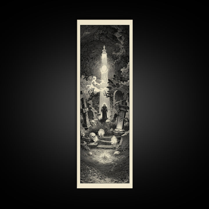 The Cemetery Lantern Festival, Gothic Engraving Art, Tall Narrow Wall Art, Gothic Horror Wall Art, Canvas Print, Halloween Wall Art