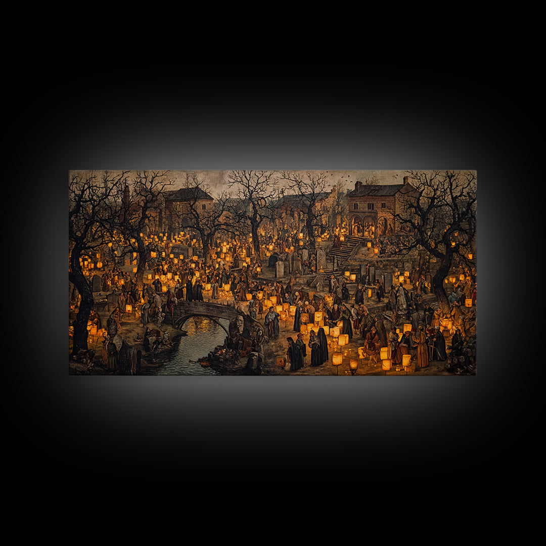The Cemetery Lantern Festival, Northern Renaissance Horror, Wide Panoramic Art, Dark Halloween Decor, Framed Canvas Print