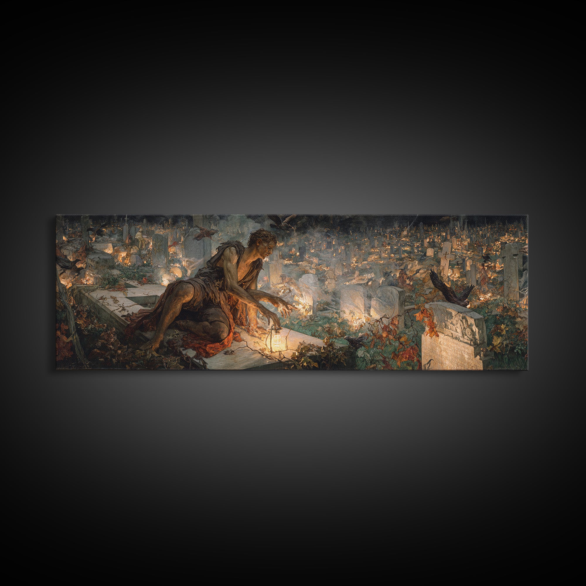 The Cemetery Lantern Festival, Dark Renaissance Art, Extra Wide Wall Art, Gothic Horror Wall Art, Canvas Print