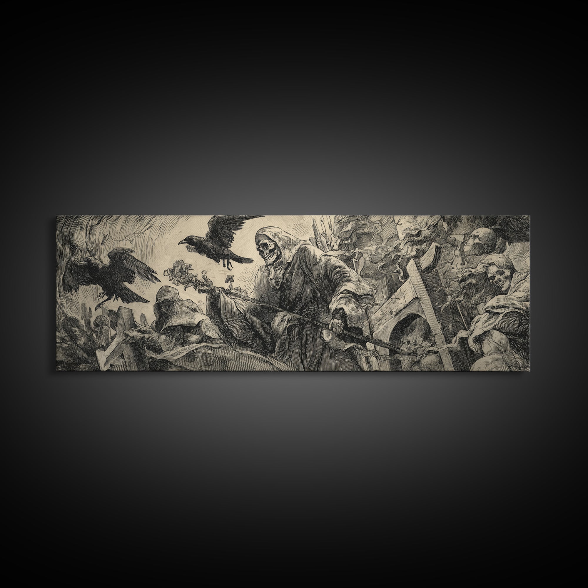 The Cemetery Lantern Festival, Renaissance Engraving Art, Extra Wide Wall Art, Macabre Wall Art, Canvas Print, Halloween Wall Art