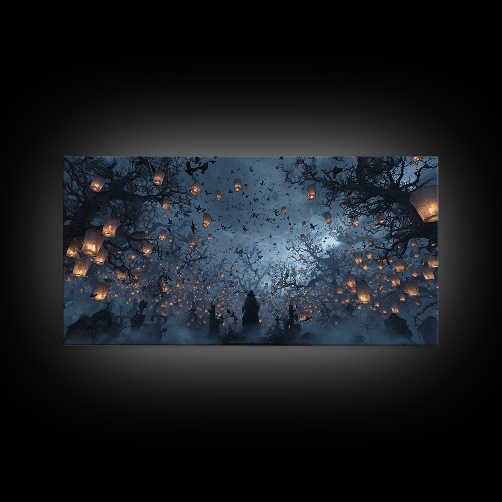 The Cemetery Lantern Festival, Baroque Witchcraft Art, Wide Panoramic Art, Macabre Wall Art, Framed Canvas Print, Halloween Wall Art