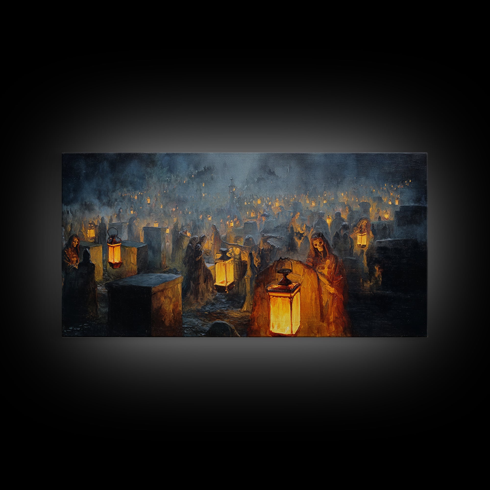 The Cemetery Lantern Festival, Dark Romantic Horror Art, Wide Panoramic Art, Gothic Horror Wall Art, Framed Canvas Print