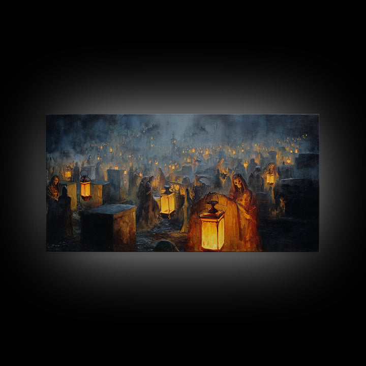 The Cemetery Lantern Festival, Dark Romantic Horror Art, Wide Panoramic Art, Gothic Horror Wall Art, Framed Canvas Print