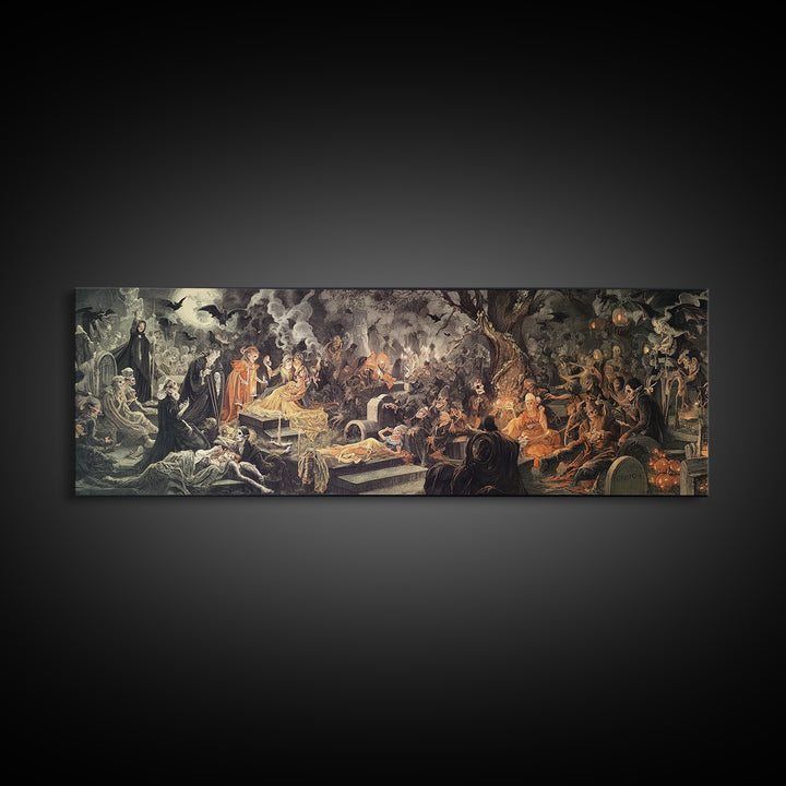 The Cemetery Lantern Festival, Gothic Nightmare Art, Extra Wide Wall Art, Dark Fantasy Wall Art, Canvas Print, Halloween Wall Art