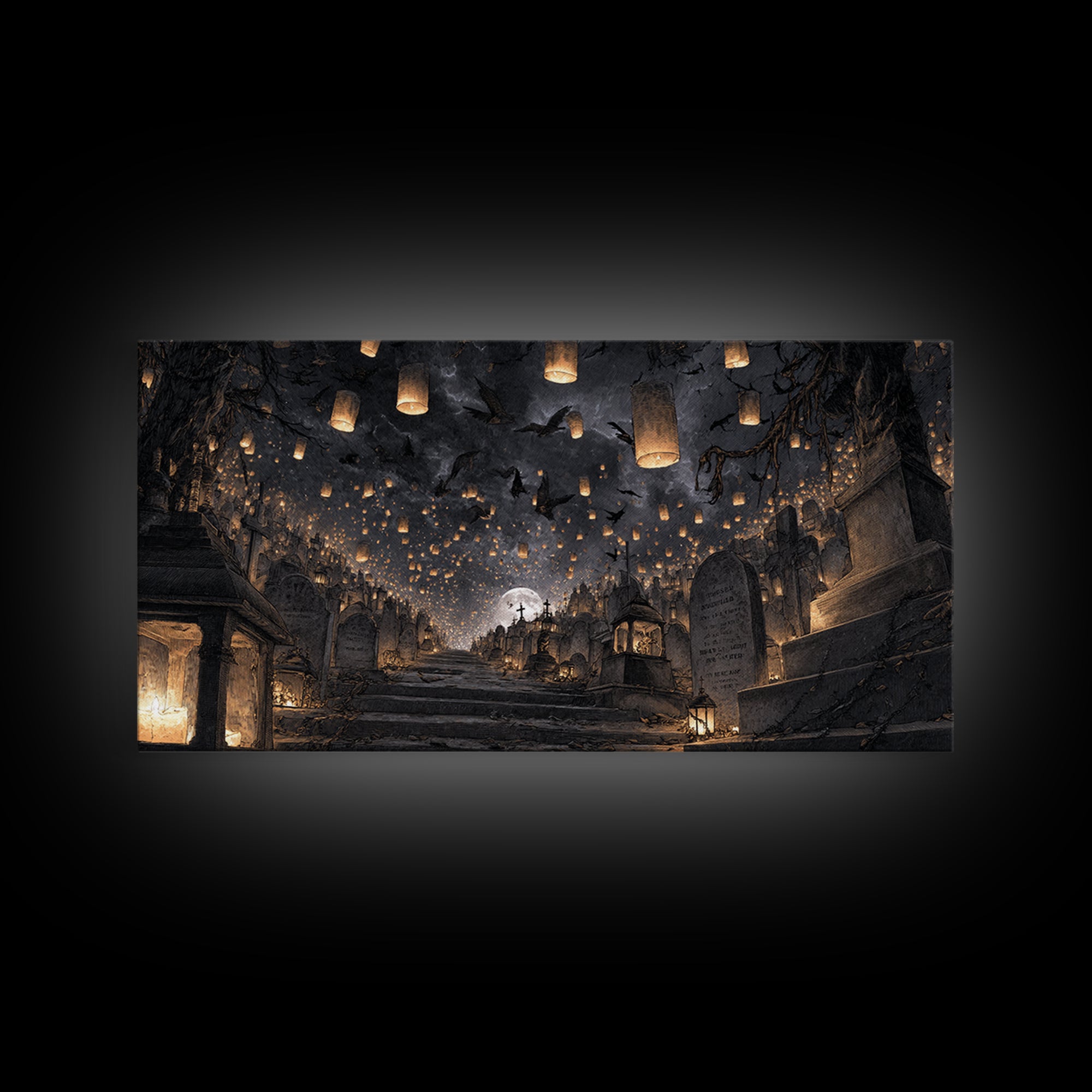 The Cemetery Lantern Festival, Architectural Etching Art, Wide Panoramic Art, Gothic Horror Wall Art, Framed Canvas Print
